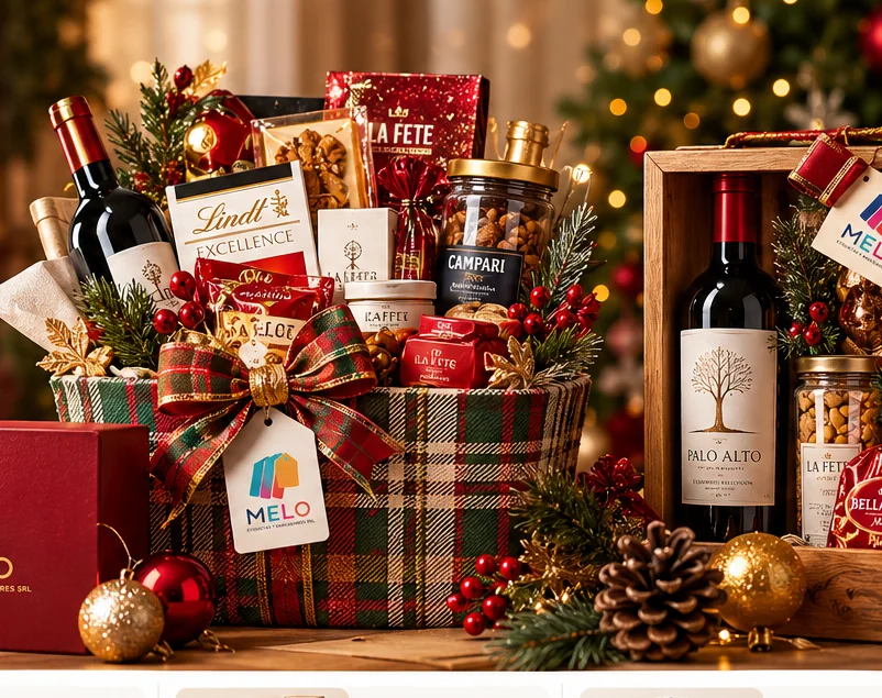 Imagen conceptual navideña de canastas y regalos gourmet